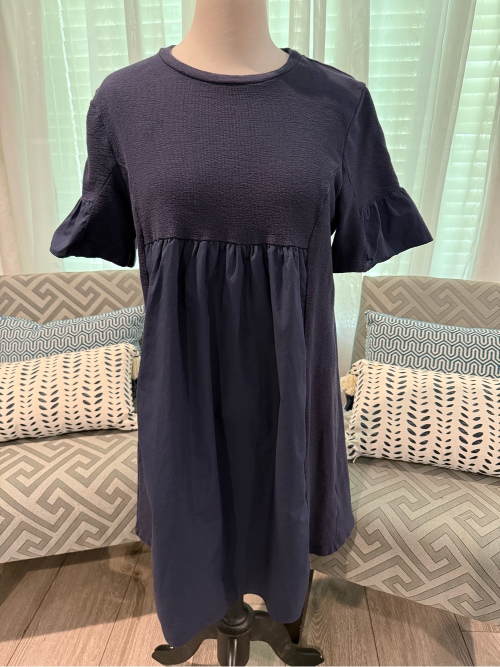 English Factory Navy Blue Short Sleeve Mixed Media Dress